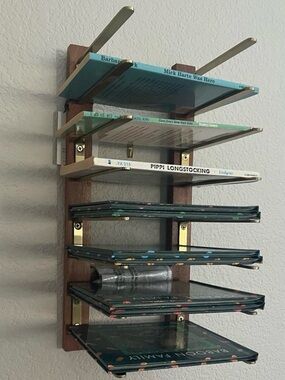Hearth & Hand Wooden Wall Book Rack in Natural Brown with Metallic Shelves NIB